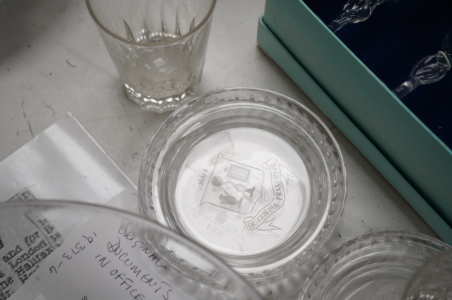 A collection of glass from the company of glass sellers. Including a replica of a gift given to Elizabeth II as a wedding gift, with a letter from the palace.